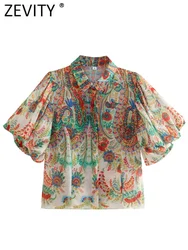 Zevity-Blusa plisada con estampado de flores para mujer, camisa de oficina de manga abombada con tótem Vintage, blusa elegante, LS5451