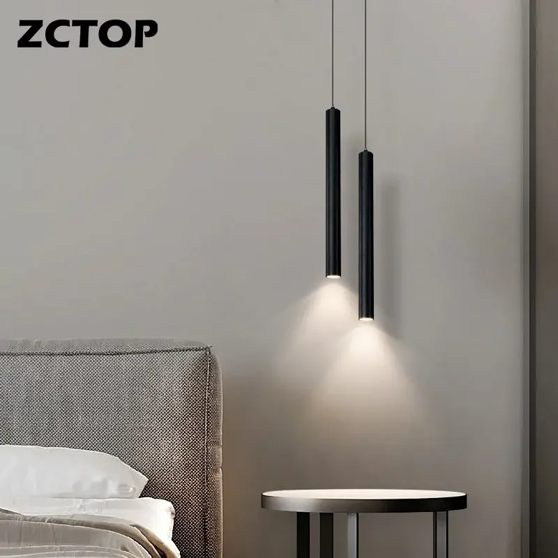 Minimalist LED Pendant Lights Black White Hanging Chandeliers Living Room Bedside Lights Long Tube Bar Pendant Lamp Suspension