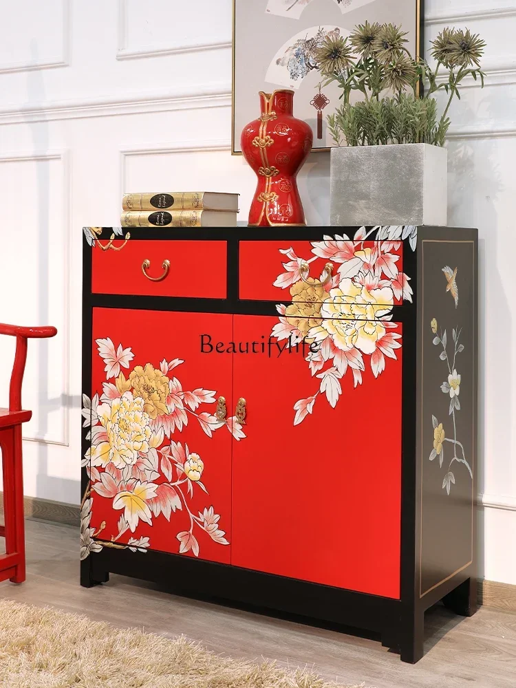 

X4 New Chinese handpainted peony red mystery cabinet living room national style decorative cabinet solid wood