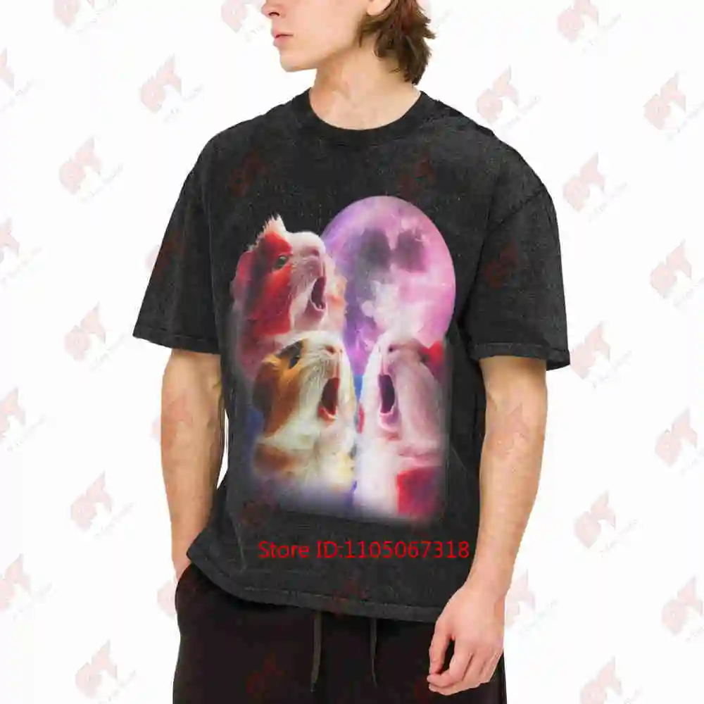Funny 3 Guinea Pigs Howling At The Moon Cute Pet Vintage Washed Tee Pure Cotton T-Shirt