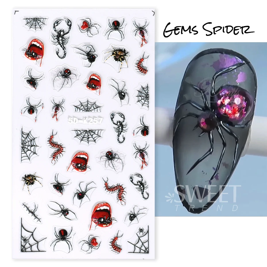 5D Centipede Gems Spider Nail Embossed Stickers Blood Vessel Eyeball Design Halloween Horror Style Manicure Charm Engraved Decal