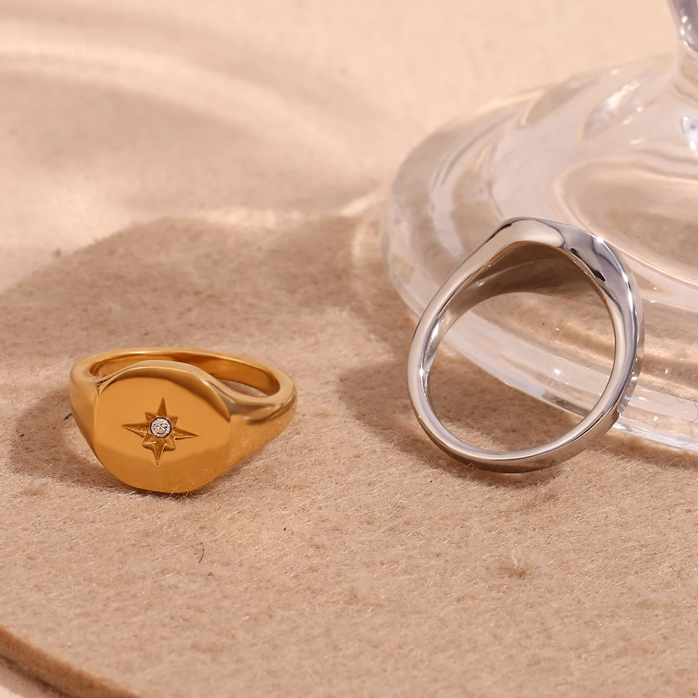 E.B.belle Aspect North Star Seal Ring Silver Color Waterproof 316L Stainless Steel Jewelry 18K Gold Plated Accessories