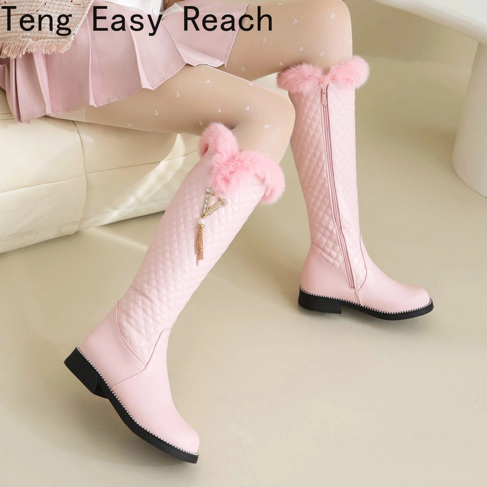 Checkerboard Microfiber Splicing PU Lolita Style Girls' Knee Length Boots Pearl Metal Tassel Chain Side zipper Cute Boots