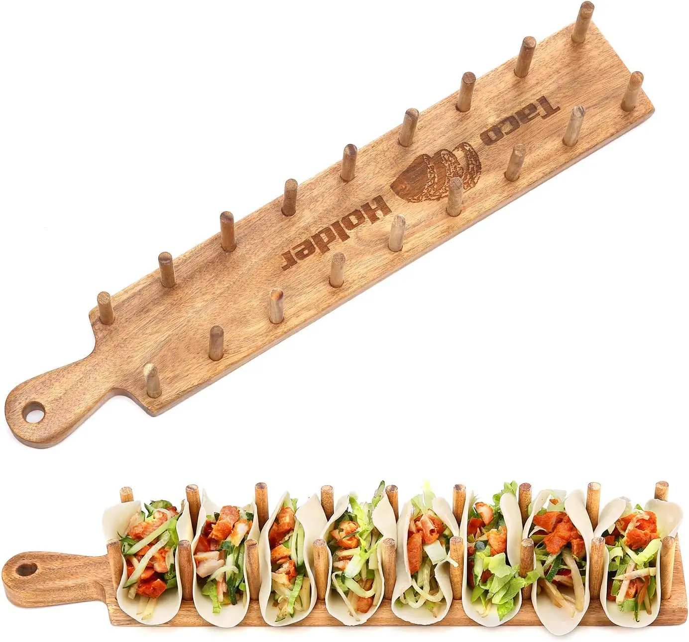 

Taco Holder Stand Bamboo HandMade Taco Rack with 8 Dividers Shell Organizer Tray Stand Up Holds Also for Tortillas, Burritos