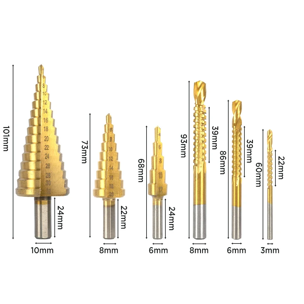 Premium 6-teiliges Titan-Stufenbohrer-Set 4–12, 4–20, 4–32 mm, 3–8 mm, für Metall, Holzbearbeitung, effizienter Kernlochöffner, Fräser