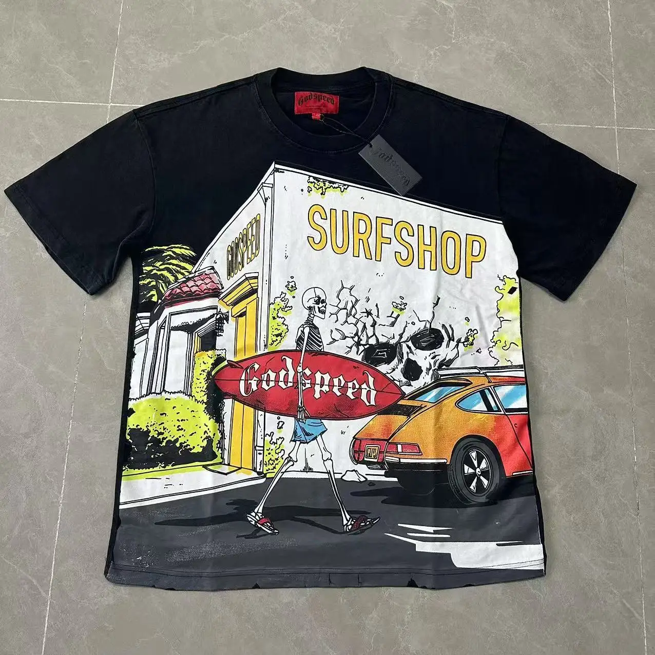 Godspeed Vintage Street Skull Print Cotton T-Shirt Loose Fit Short Sleeve Retro Style Unisex T-Shirt for Youth And Adults