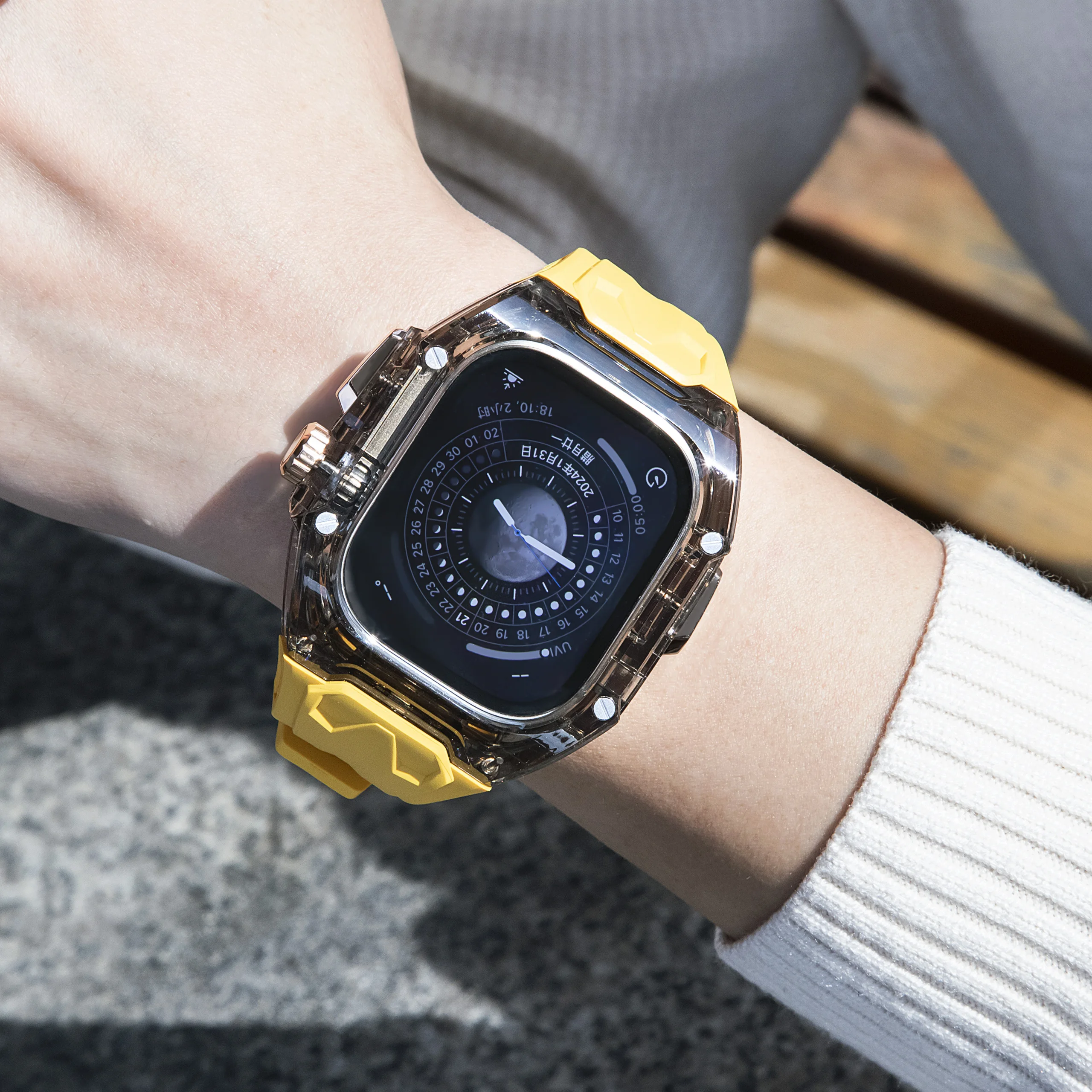 طقم تعديل حافظة واقية شفافة + حزام من البولي يوريثان لساعة أبل الترا 9 الفرقة لساعة iWatch Series9 8 7 6 5 4 SE 45 44 مللي متر 49 مللي متر