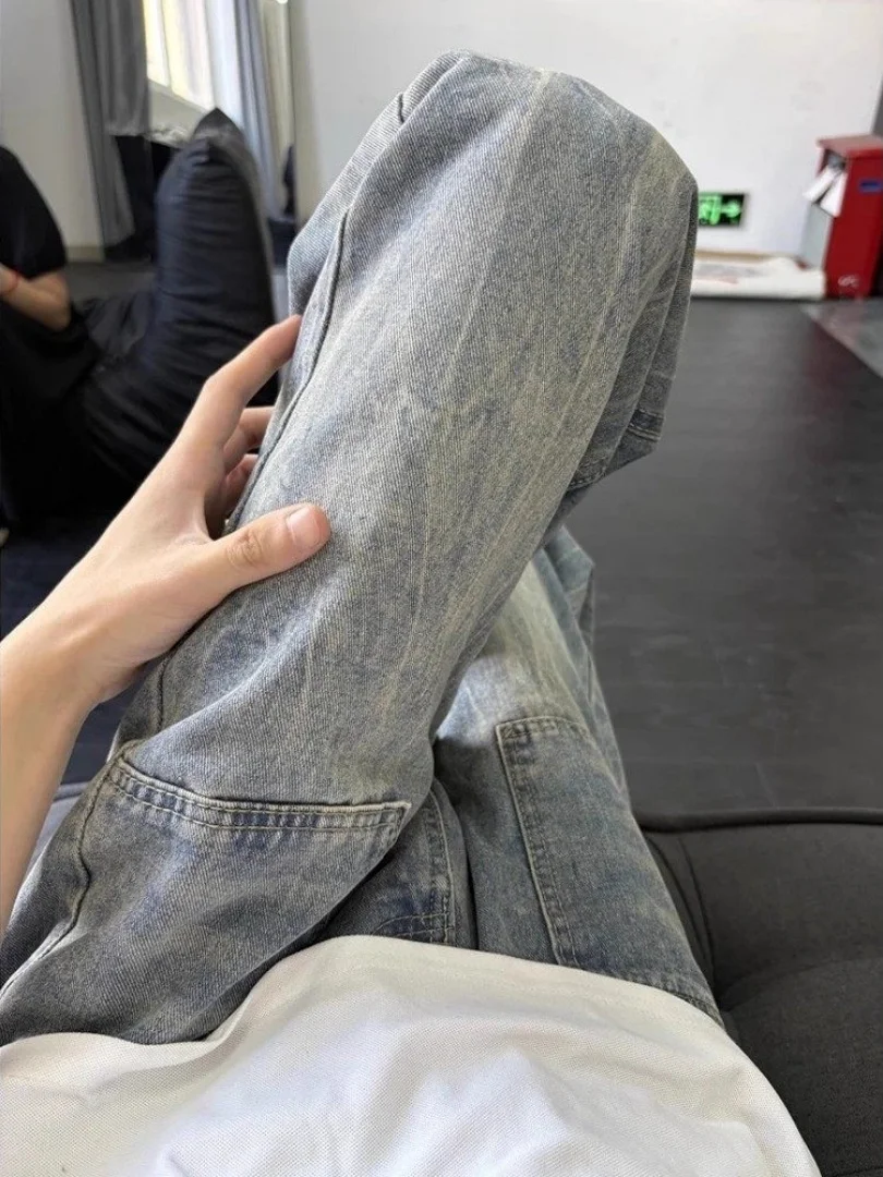 

Мужские джинсы Waed Blue Lightning Pattern, винтажные, с подкладкой, осенне-зимние, рабочие брюки, свободный прямой крой