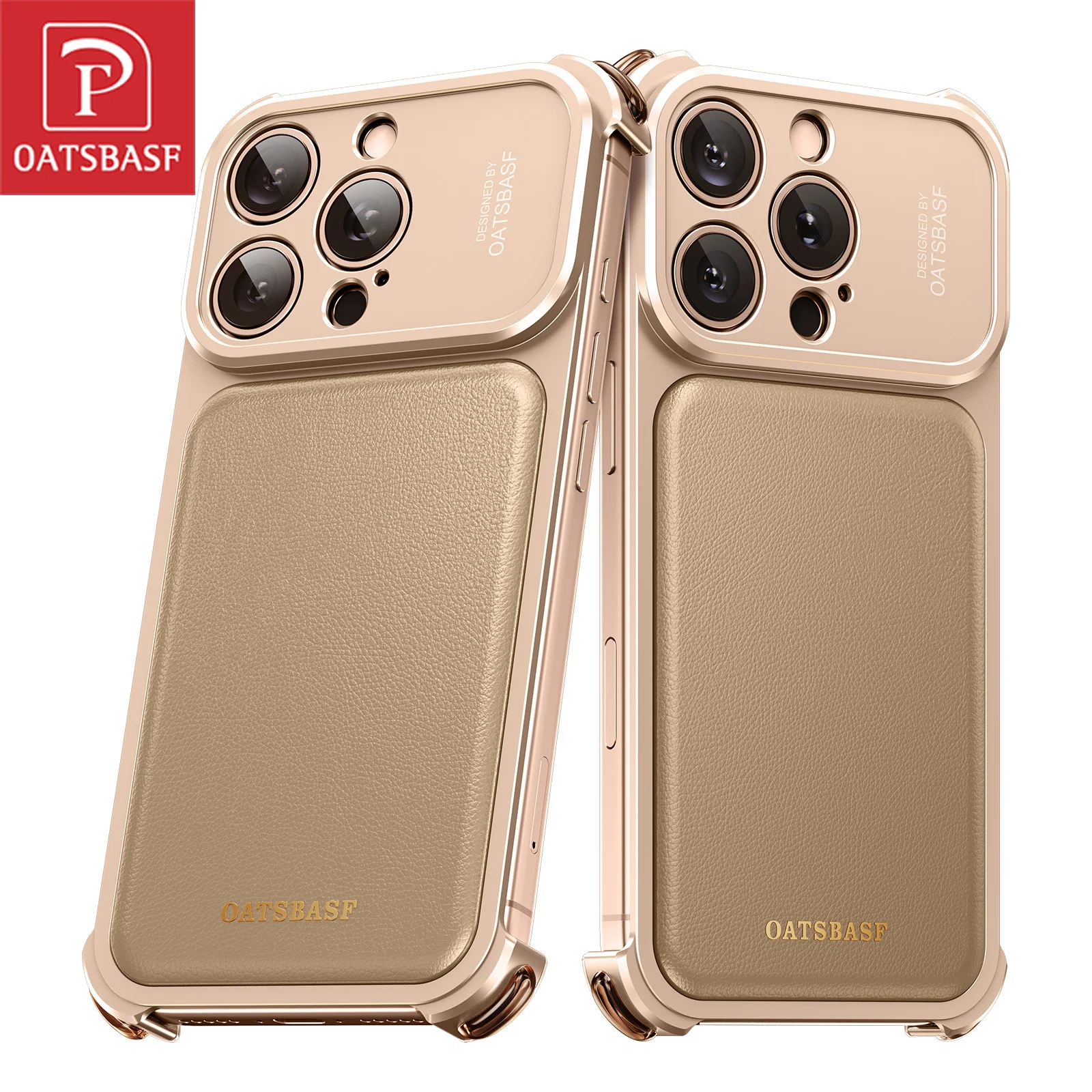 

Oatsbasf Genuine Leather Phone Case for iPhone 17 Pro/16 Pro Max Case Shockproof Bumper Metal Frameless Protective Cover