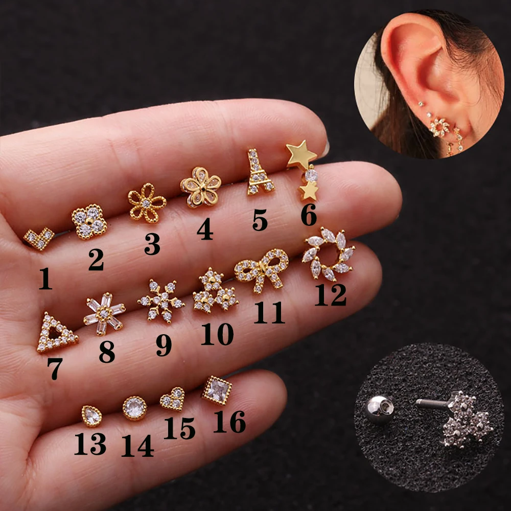 1Piece 99% Pure Titanium Medical Metal Stud Exquisite Heart Drop Flower Earring for Women Helix Cartilage Ear Piercing Jewelry