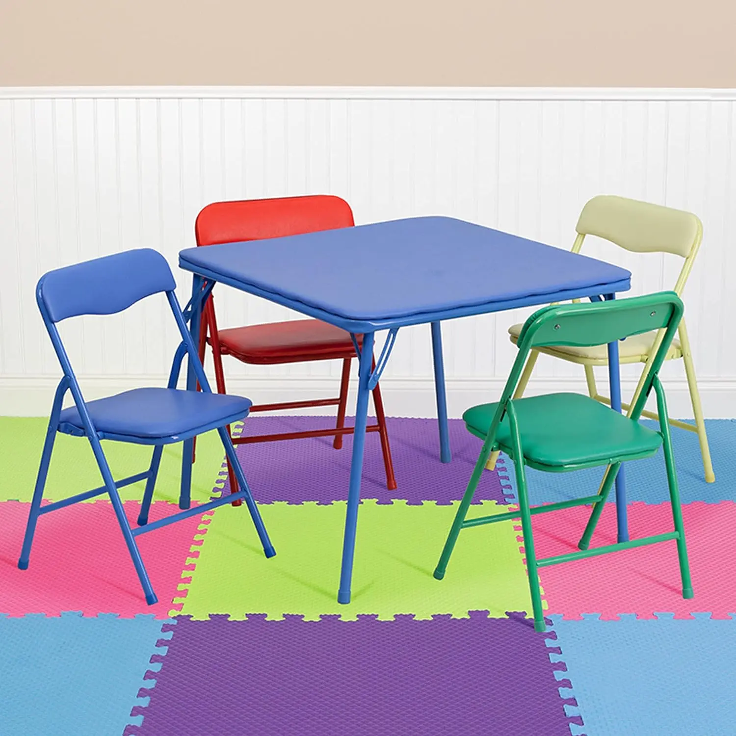 Mindy Kids 5-Piece set Folding Square Table and Chairs Set for Daycare and Classrooms, Children's Activity Table and Chairs Set,