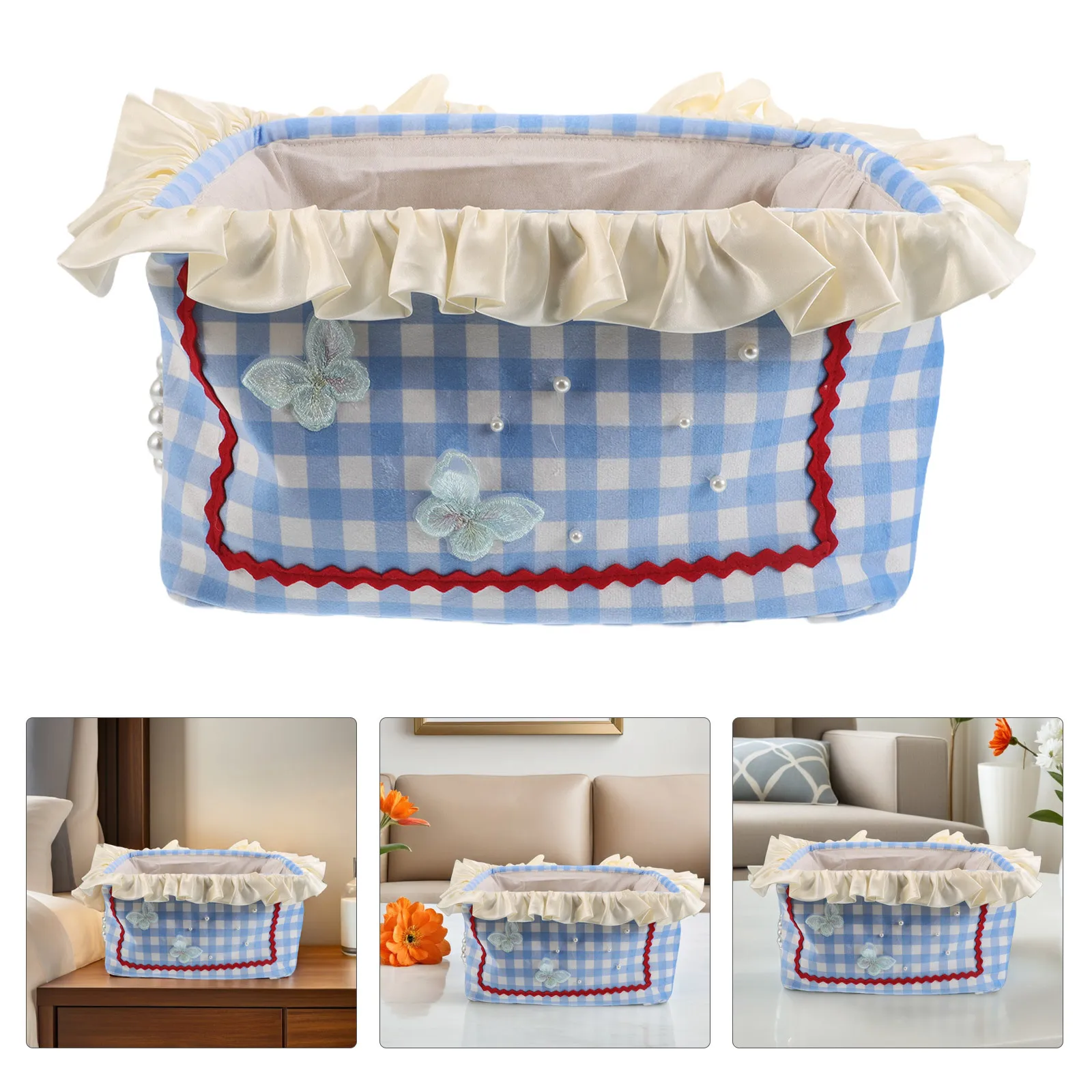 

Princess Style Desktop Storage Basket with Lace Plaid Design Multifunctional Fabric Organizer for Office Desk Bedroom Home Decor