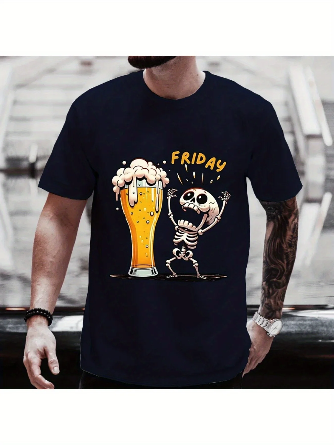 

Large-sized men's T-shirt "Finally Friday Beer Day" skull pattern, casual short-sleeved summer/seasonal T-shirt,machine washable