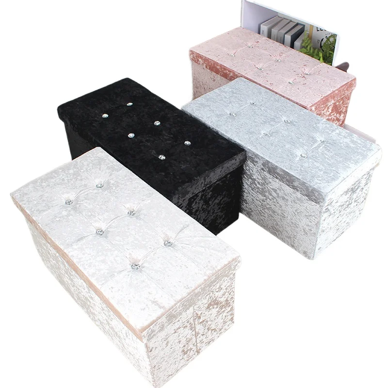 for Gold Diamond Velvet Storage Ottoman for Home Living Room Bedroom Foldable Rectangular Footstool with Rhinestone Button