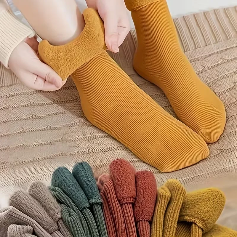 4 Pairs of Women's Winter Elastic Socks with Thickened and Warm Ribbed Texture, Suitable for Casual Daily Outdoor Wear