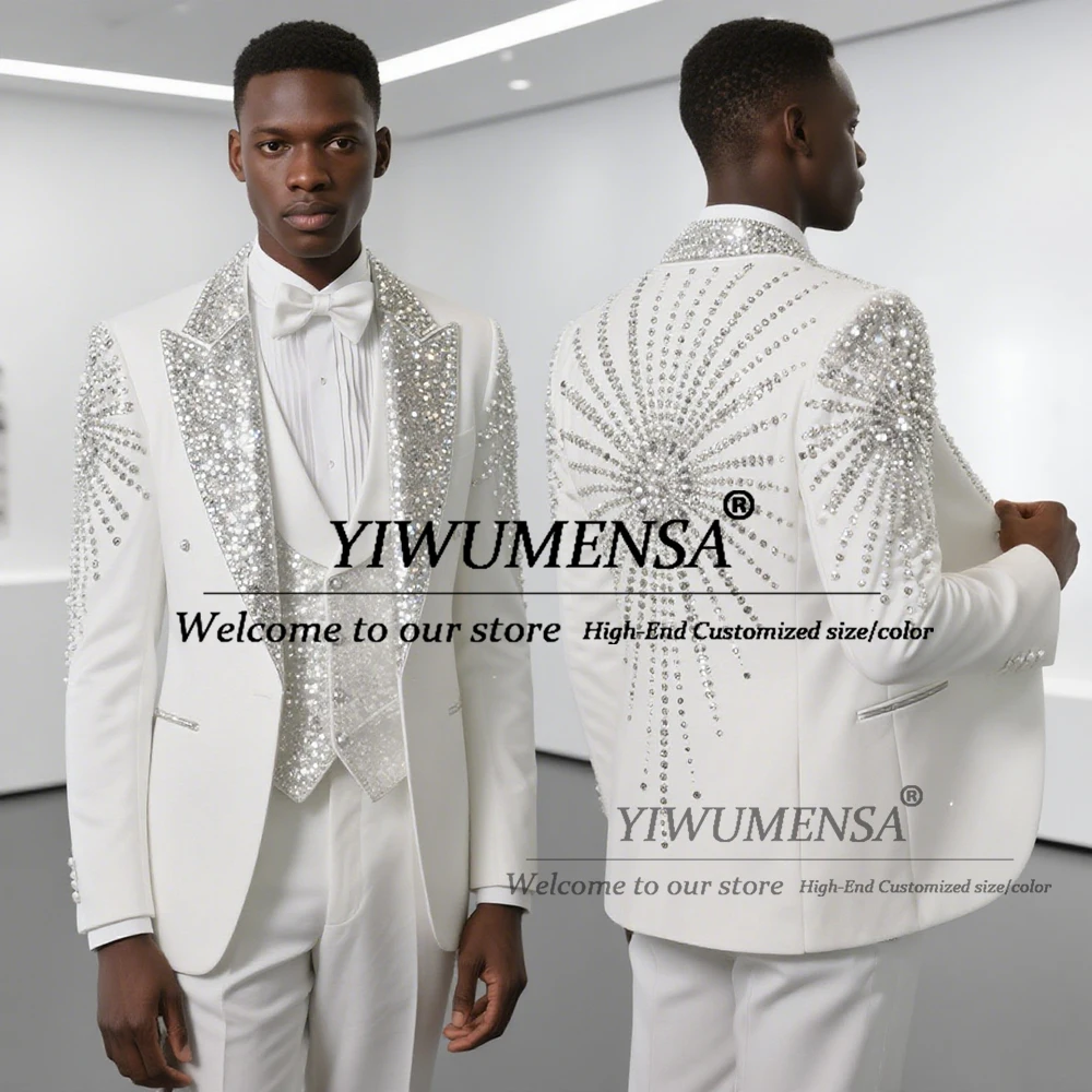 

Twinkling Sequins Peaked Lapel Suit Men Customized Single Breasted Groom Prom Blazers 3 Pieces Wedding Tuxedos costume hommes