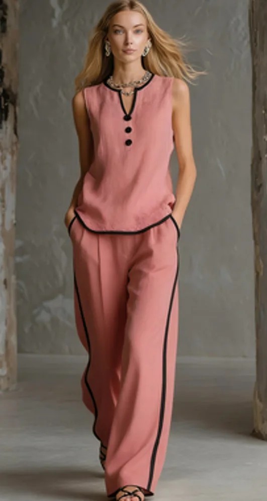 

Women's Two Piece Set Sleeveless V-Neck Button Top High Waist Wide Leg Pants Contrast Trim Suit Summer Casual Loungewear Outfit