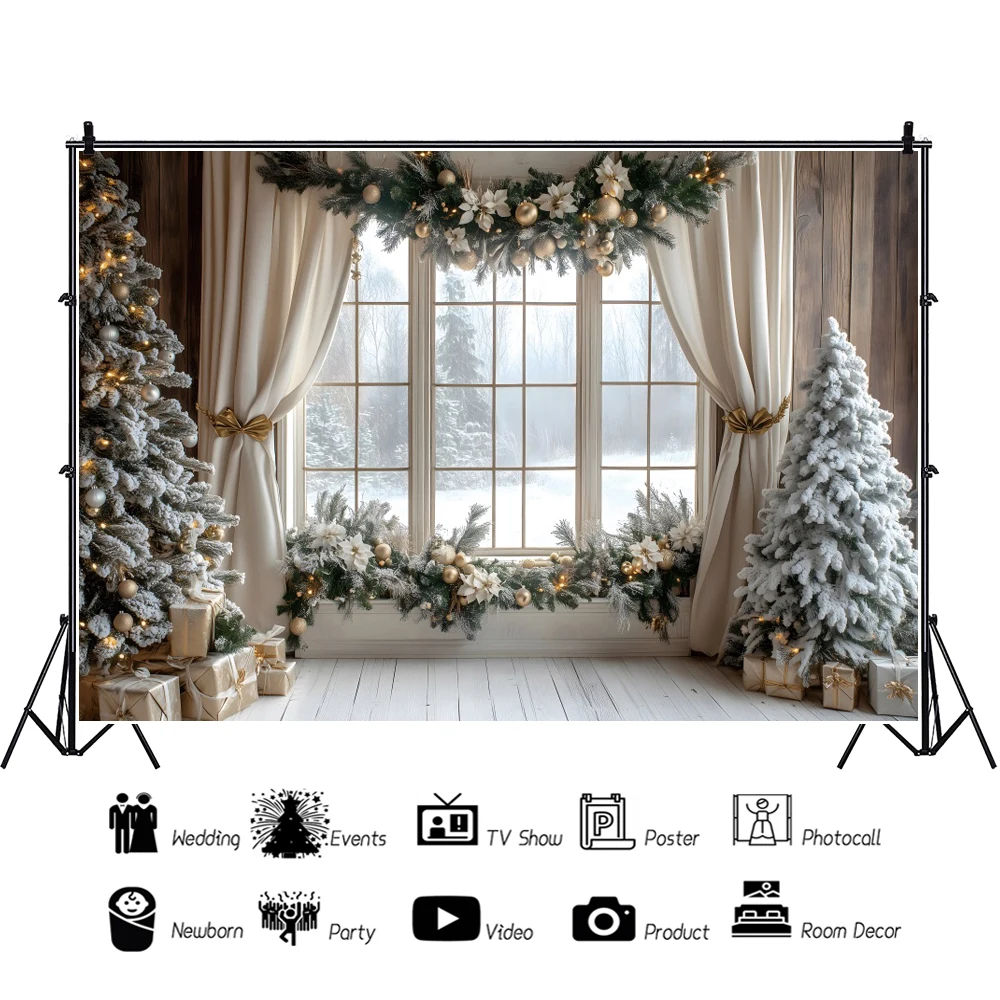 Winter Christmas Photography Backdrop Indoor New Year Snow House Curtain Xmas Trees Wreath Adult Child Portrait Photo Backdrop