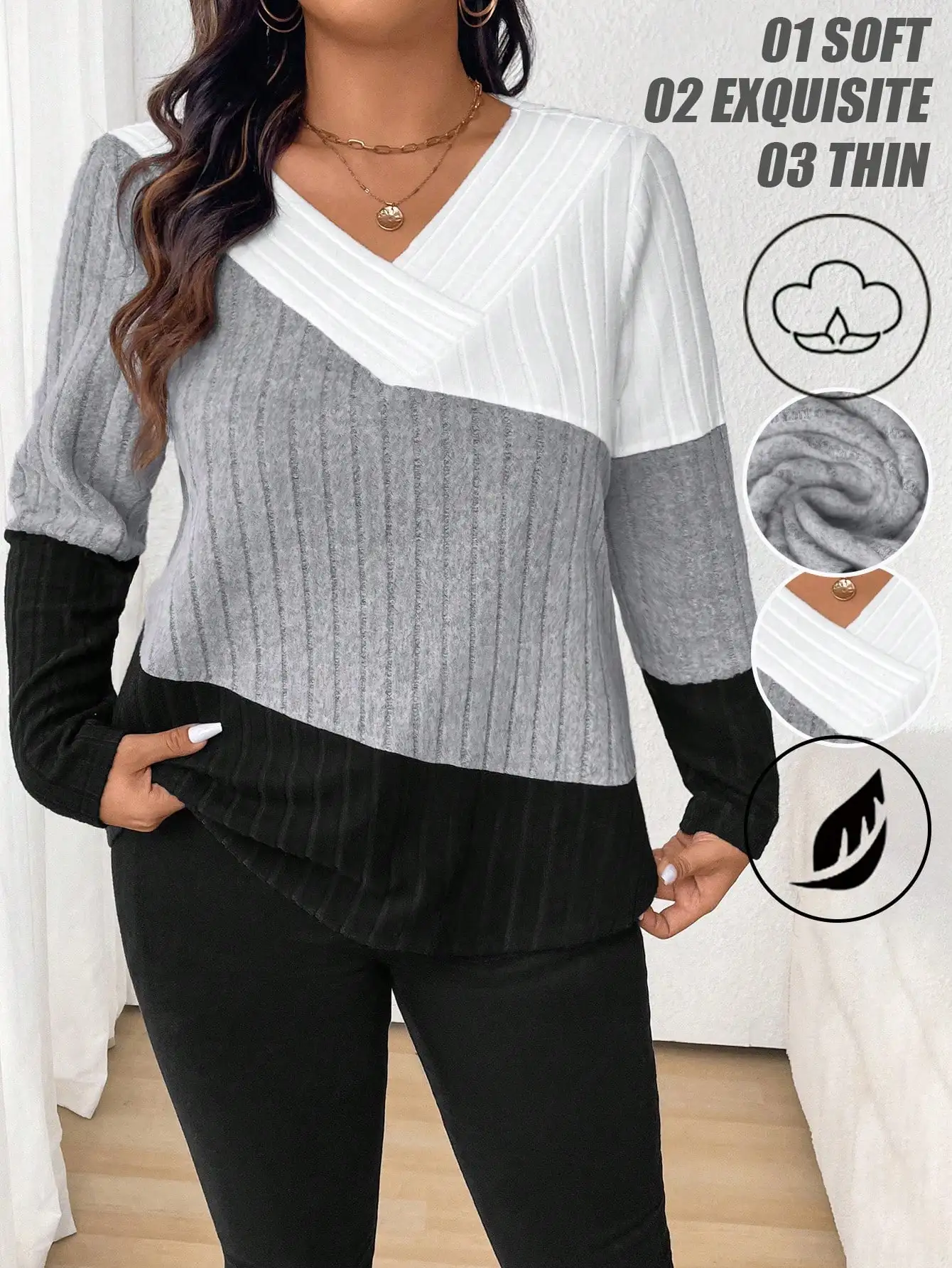 

Plus Size Women's Colorblock V-Neck Long Sleeve Knit Top for Spring Fall Casual Wear