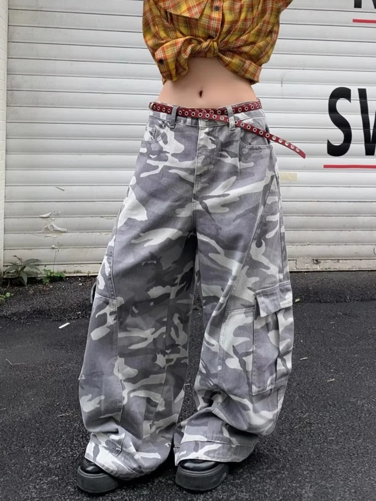 2025年アメリカンレトロY2Kファッション迷彩柄バギーカーゴジーンズパンツ レディース服 ワイドレッグ ストリートウェア コットン レディースパンツ