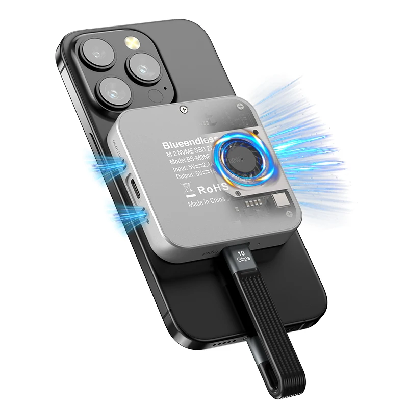 

Magnetic M2 2230 2242 USB-C USB C to Mini Portable External M.2 NVME SSD Case SSD Enclosure with Cooling Fan for iPhone 17/16/15