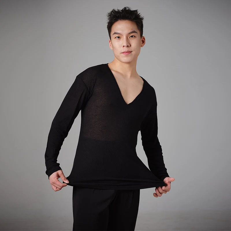 

Мужской тонкий базовый топ с v-образным вырезом и длинными рукавами по индивидуальному заказу, топ для латинских танцев, тренировочный костюм для бальных танцев, Vestidos De Noche