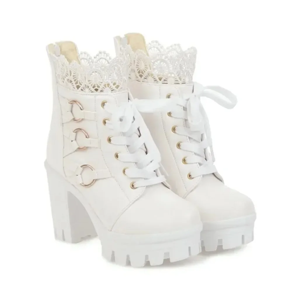 

Winter The New Fashion Round Head Thick Heel Women's Boots White Sexy Lace Plus Velvet Keep Warm High Heel Women Boots High 10cm