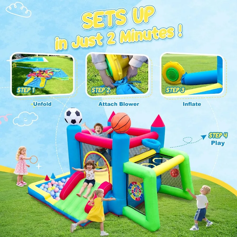 บ้านลมเป่าลม 7-in-1 สำหรับเด็กอายุ 3-6 ปี – ปราสาทลมธีมกีฬาพร้อมสไลเดอร์ บ่อบอล ห่วงบาสเก็ตบอล และห่วงโยนลูกบอล