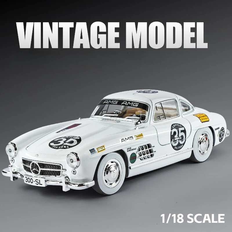 รถโมเดลเบนซ์ 300SL ขนาดใหญ่ 1:18 รุ่นวินเทจ พิมพ์ลายโลหะผสม ของเล่นย้อนยุค พร้อมเสียงและไฟ ของสะสมขนาดจิ๋ว