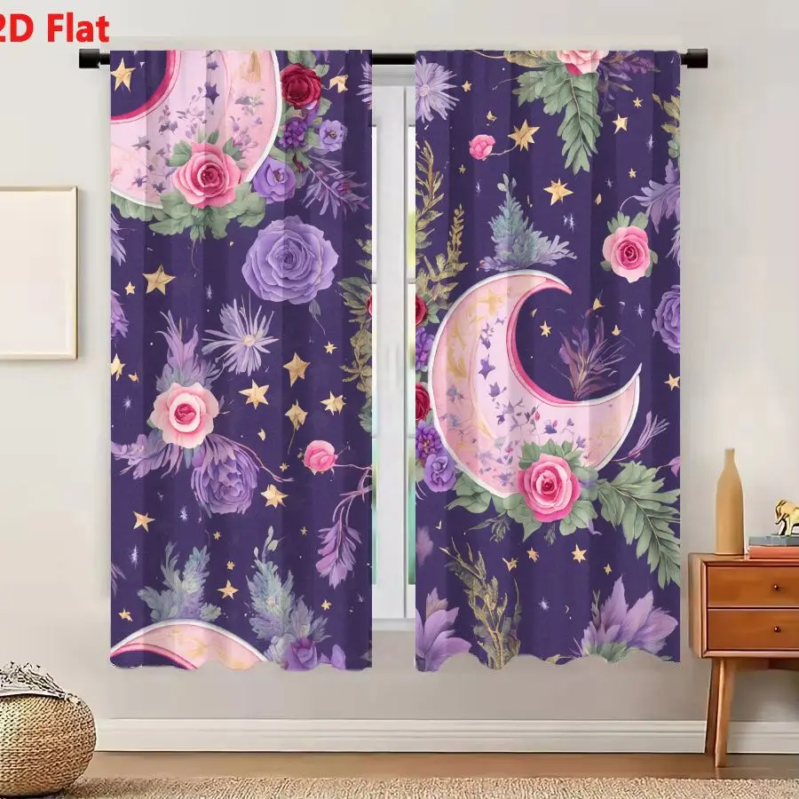 2Pcs Curtains 2D Flat Seamless Decorative Pattern With Pink Crescent Moons Light Purple Stars Flowers Green Leaves And Golden St