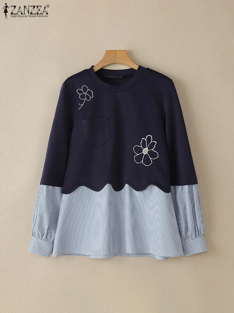 

Fashion Casual Long Sleeve Women Hoodies ZANZEA Loose Pullovers Spring Autumn Striped Patchwork Sweatshirts Embroidered Hoodies