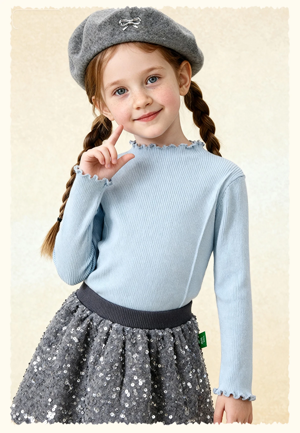 Amila Kids 2026 Winter Mädchen Strickshirt Top Grau Rosa Reisrot Schwarz Rüschen Halbhoher Kragen Weich Nicht hautverletzend – Detail 17