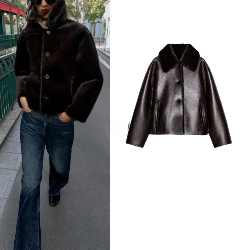 

Autumn Winter New Women's Casual Sle Double-sided PU Leather Collar Long Sve Jaet Coat Warm ort Length Ladies' Faion
