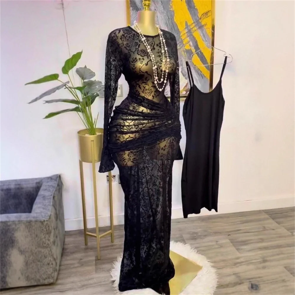 Vrouwen sexy lange mouw mesh doorzichtige gedrukte bodycon maxi-jurk elegante avond verjaardag sexy party cocktailjurken vestido