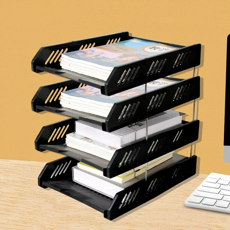 

4-Tier Black Plastic File Organizer - Multi-layer File Rack with Storage Trays, 14"x13"x9.6" Office Document Holder