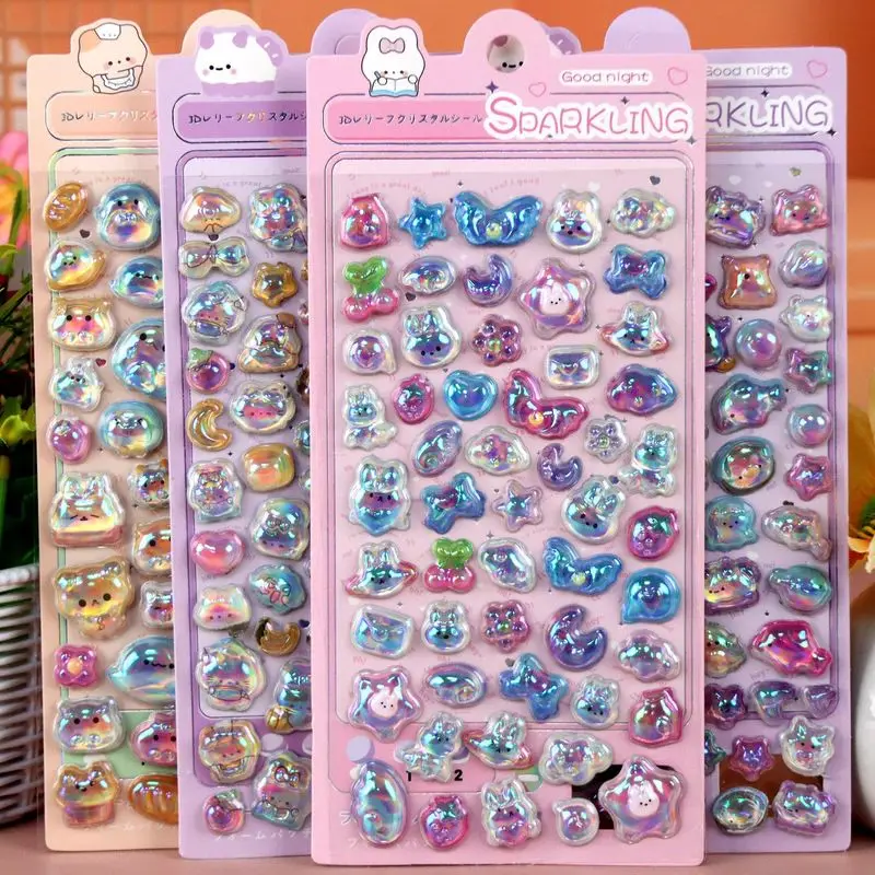 3d Sparkling Rainbow Embossed Stickers 10pcs Kawaii Japanese Undersea Creature Cute Panda Diy Phone Case Wallet Decoration