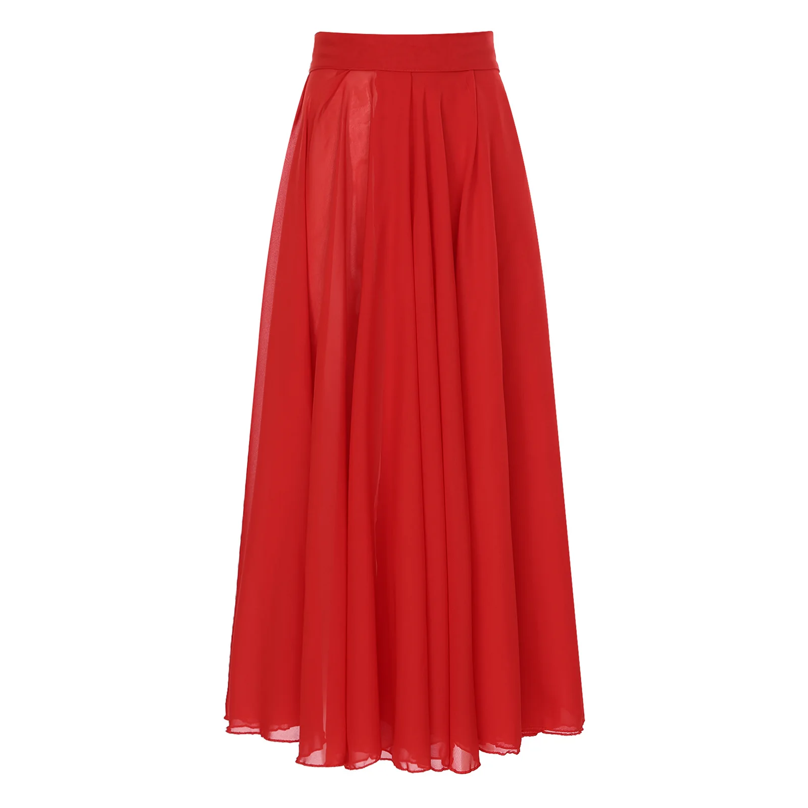 Women Chiffon Ballet Performance Long Dance Skirt High Waist 360-Degree Wide Hemline Ruffled Skirt for Competition Training