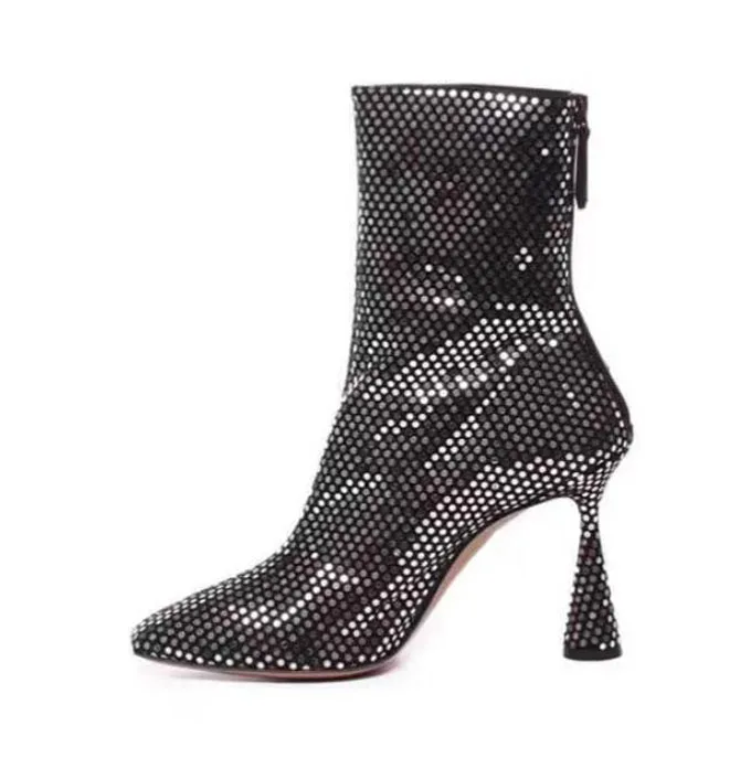 

Woman Glitter Silver Polka Dot Sequins Black Ankle Boots Strange High Heels Back Zipper Bling Bling Stage Banquet Short Boots