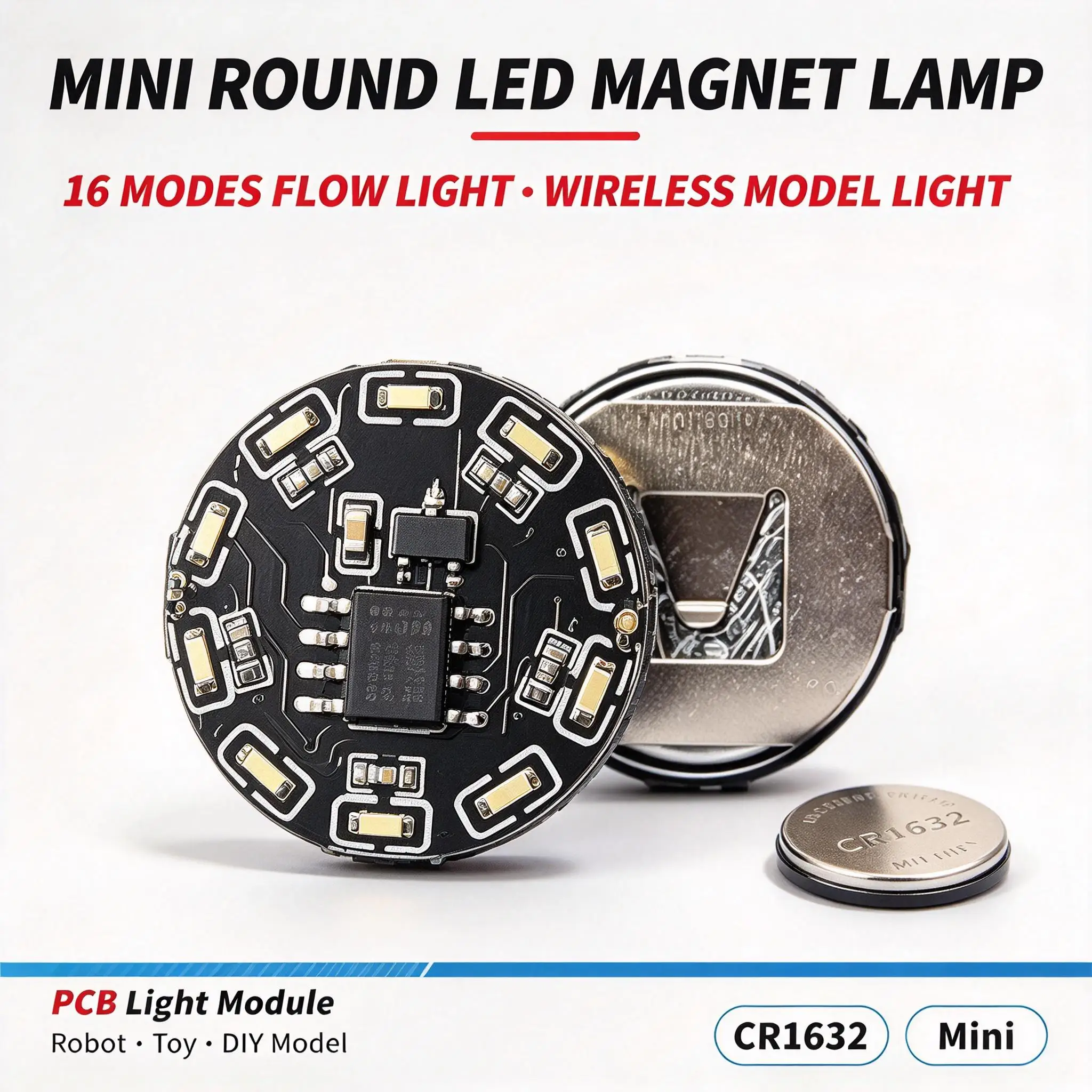 DYKB 16 Modes LED Magnetic Control Light Wireless Flow Lamp Magnetic Induction Switch for DIY Toy Robot Model CR1632 Battery