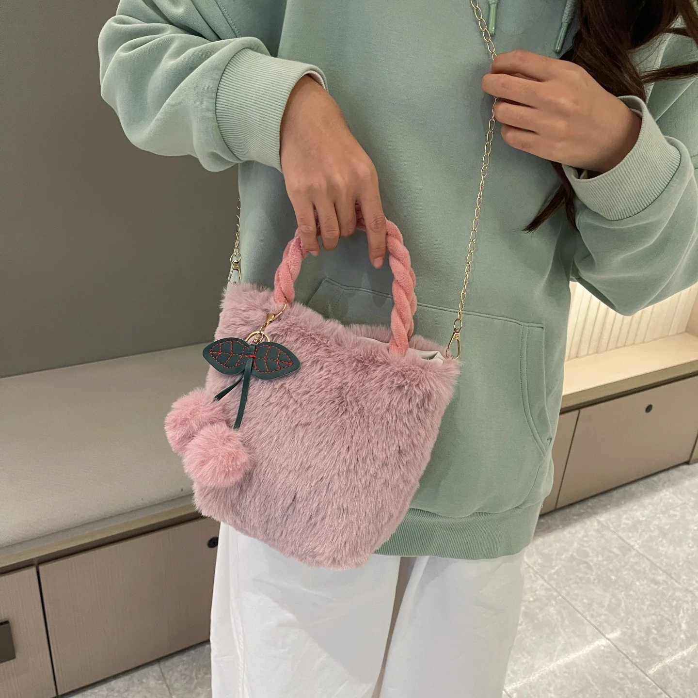 Cute Cherry Pendant Plush Bucket Bag for Women Winter Soft Handbag Chain Crossbody Bag Casual Tote Purse for Daily Use