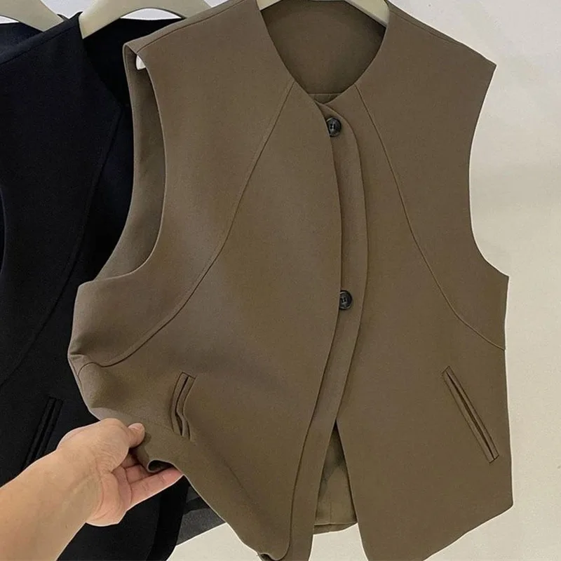 秋のレディースファッションカーディガンノースリーブアウター女性ラウンドネックカジュアルベストコート韓国女性無地チョッキジャケット