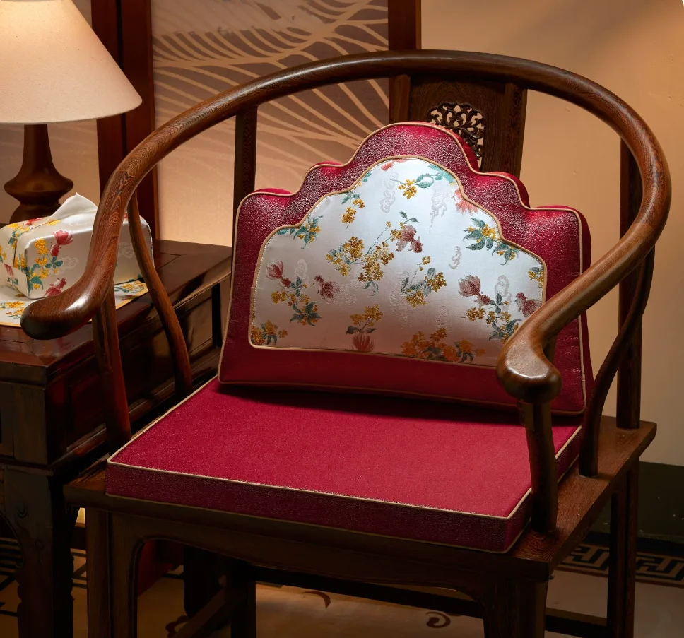 New Chinese Style Chair Cushion with Lumbar Pillow Luxury Brocade Jacquard Seat Pad with Non-slip Base for Mahogany Taishi Chair