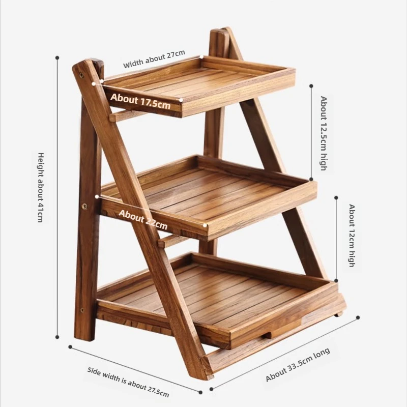 Kitchen Teak Organizer Storage Shelf Foldable Wooden Storage Rack Solid Wood Desktop Stand Multifunctional Space-Saving Holder