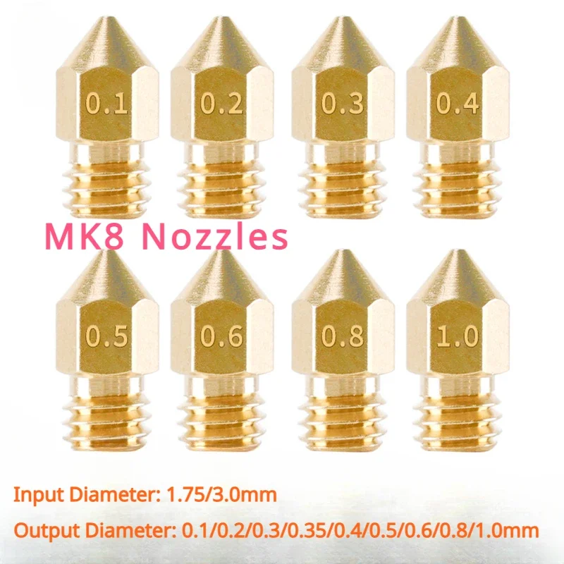 3D Printer Accessories MK8 Nozzle Brass 0.1mm-1.0mm For 1.75/3.0MM Supplies CR10 CR10S Ender-3 Extruder Head 3D Printer Nozzle