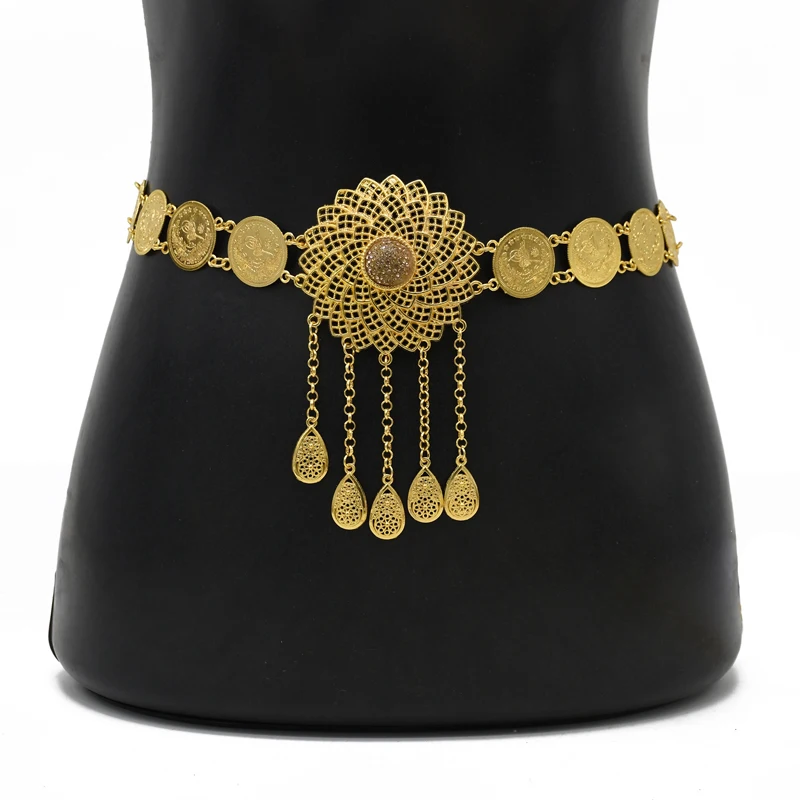 

Carved Flower Body Chains For Women Bohemian Vintage Coins Tassels Glossy Metal Waist Chains Ethnic Gypsy Belly Chains Feminina