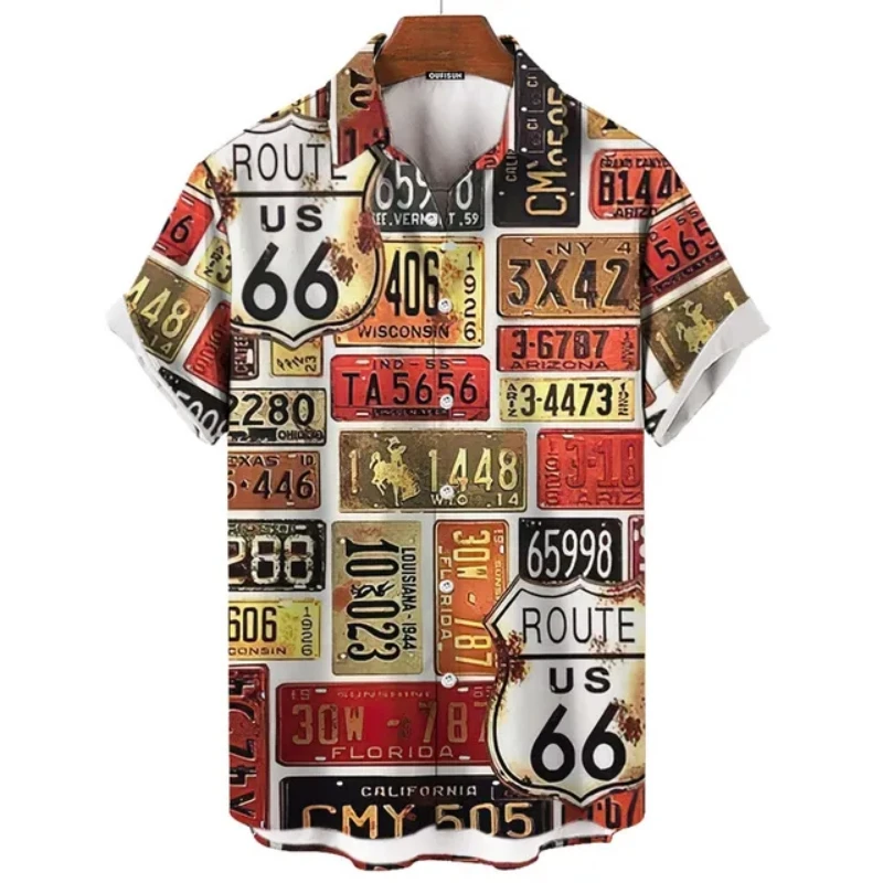 Hawaiian Men's Shirt Route 66 Printed Tshirt Summer Loose Vintage Lapel Button Shirt Beach Party Clothing Oversized Men Clothing