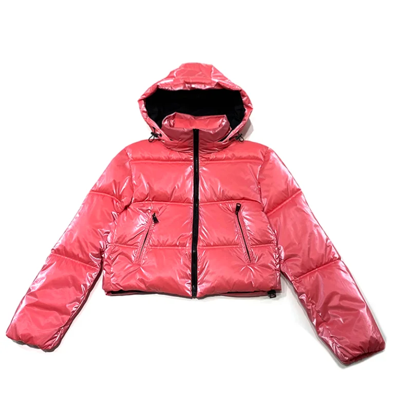 [YOZOU] Winter Luxury Barbiecore Shiny Pink Hooded Short Padded Puffer Jacket Parkas Outwear Thick Zipper Coat Youthful Women