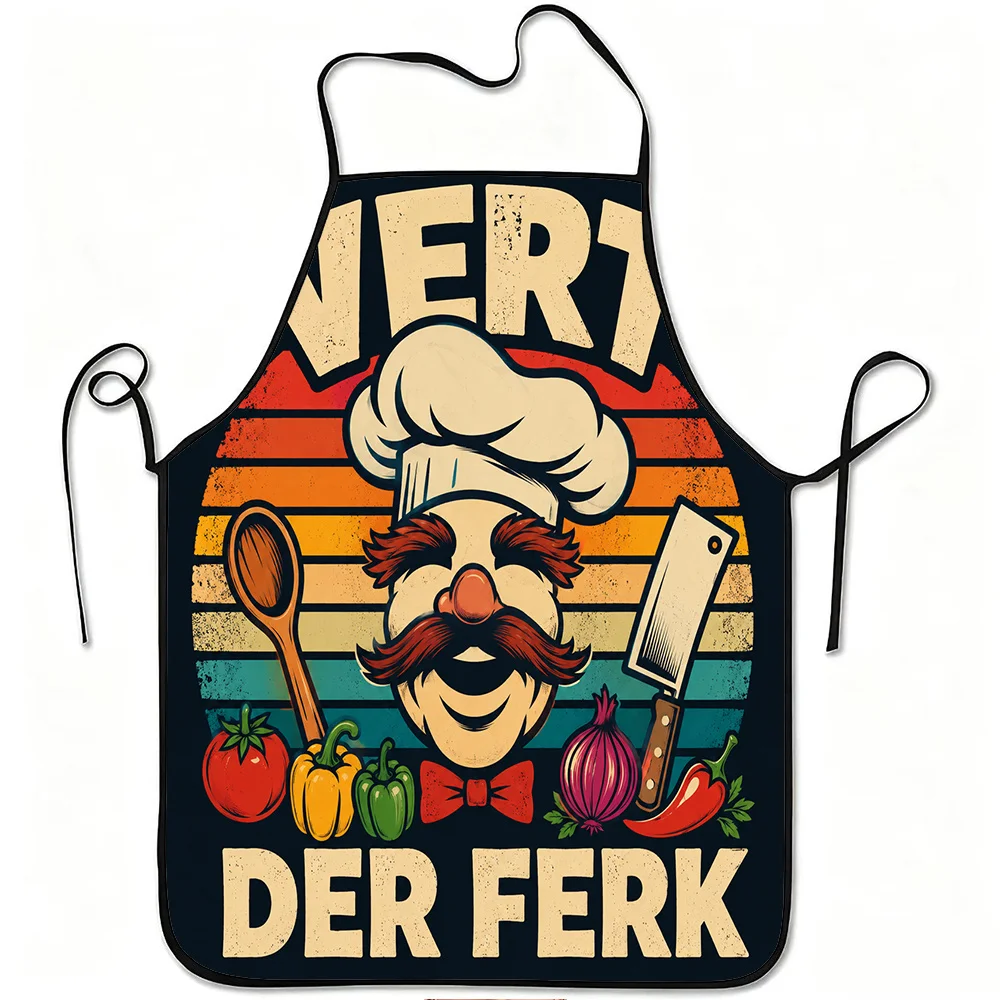 Funny Retro Chef Apron, Vintage Mustache Cook & Vegetable Print Waterproof Kitchen Bib, Humorous Cooking Gift for Men Dad
