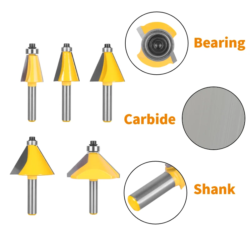 6.35MM 8MM Shank 11.25° 15° 22.5° 30° 45° Chamfer Router Bit 4Pcs/Set 5Pcs/Set Woodworking Milling Cutter for Wood Face Mill