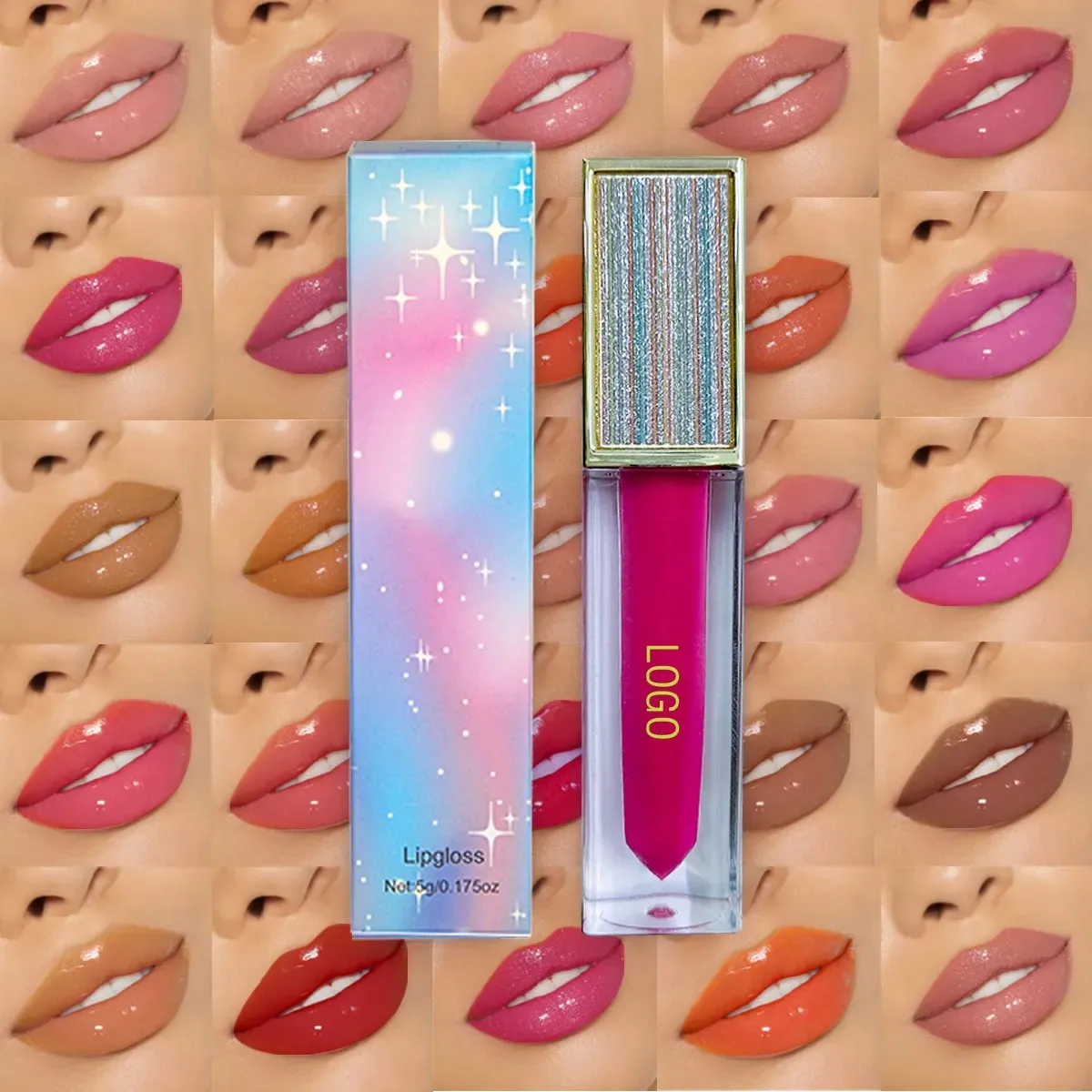 カスタムロゴリップグロスビーガン光沢のあるベンダーシマーリップグロスプライベートラベルクリア唇保湿メイクアップ卸売バルク